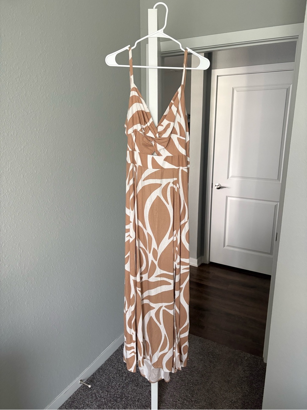 1. State Tan & White Abstract Spaghetti-Strap Maxi Dress